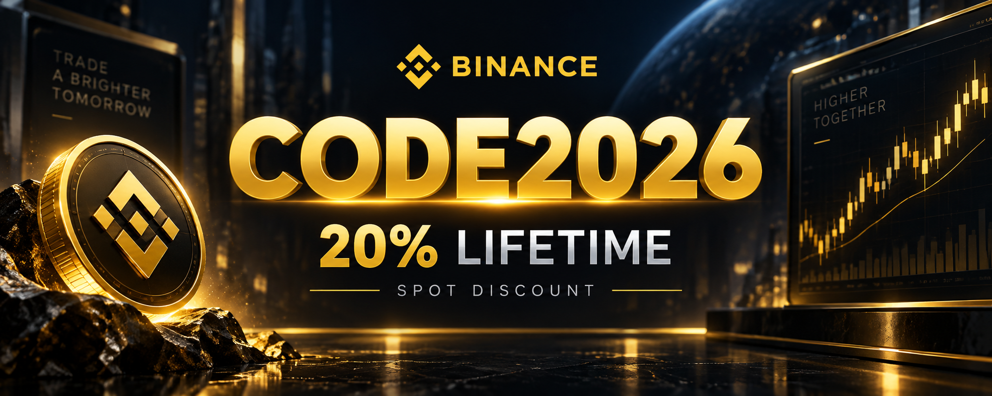 Binance referral code CODE2026 banner showing 20% lifetime Spot fee discount for new users